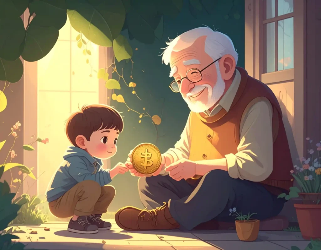 Un abuelo y su nieto observando una moneda antigua, representando el concepto de "Monedas de Sabiduría: Nuestros adultos mayores" de Monederia Cuenca.